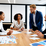 **A dynamic workplace scene:** Diverse professionals collaborating in a modern office, emphasizing effective communication, teamwork, and the exchange of ideas. Focus on visual elements representing active listening and clear expression.
