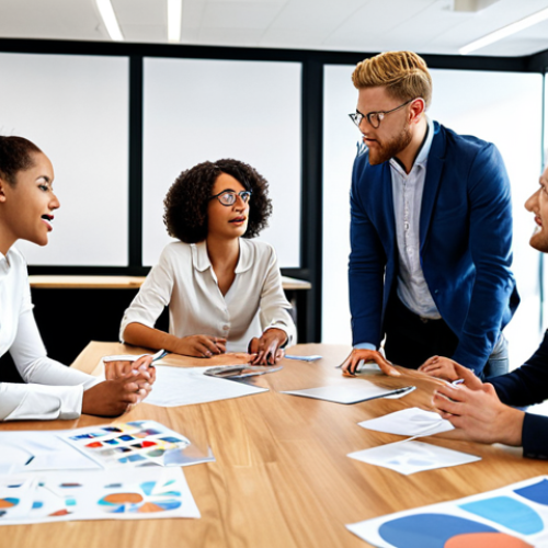 Home 19 **A dynamic workplace scene:** Diverse professionals collaborating in a modern office, emphasizing effective communication, teamwork, and the exchange of ideas. Focus on visual elements representing active listening and clear expression.