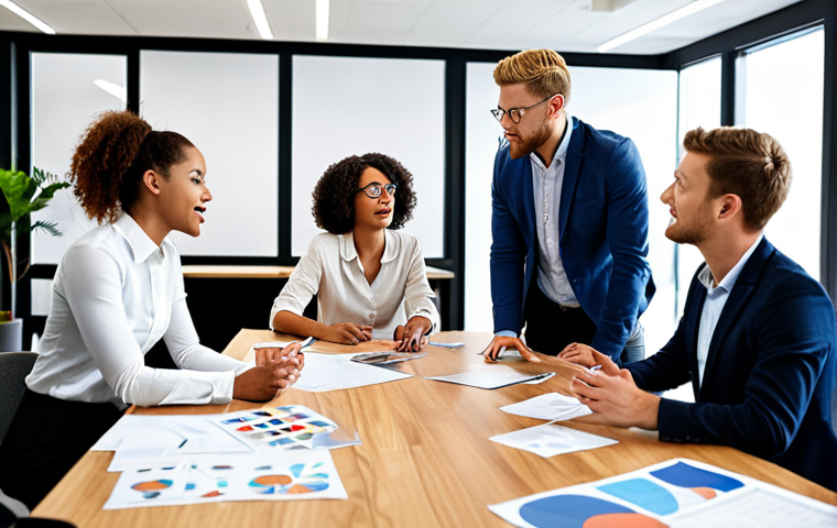 **A dynamic workplace scene:** Diverse professionals collaborating in a modern office, emphasizing effective communication, teamwork, and the exchange of ideas. Focus on visual elements representing active listening and clear expression.