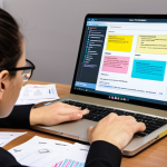 **A person meticulously analyzing a job description, highlighting keywords and researching the company on a laptop. The scene includes sticky notes with industry jargon translations and a table comparing skills for different company types (startup, corporation, NGO).**