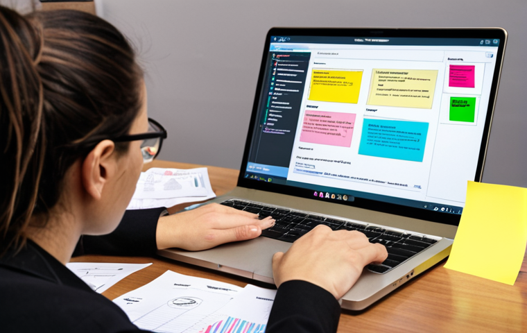**A person meticulously analyzing a job description, highlighting keywords and researching the company on a laptop. The scene includes sticky notes with industry jargon translations and a table comparing skills for different company types (startup, corporation, NGO).**