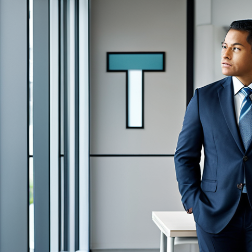 Home 8 A thoughtful, diverse professional, fully clothed in modest business attire, stands in a modern, clean office. Behind them, a subtle abstract graphic suggests a 'T' shape, representing deep expertise and broad knowledge. The lighting is soft and reflective, highlighting a moment of deep introspection and strategic thinking. This is a professional photograph, safe for work, appropriate content, perfect anatomy, well-formed hands, natural body proportions, natural pose, family-friendly.