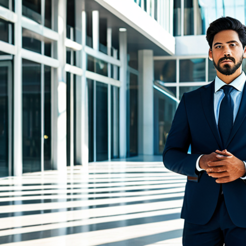 A professional individual, fully clothed in a modest business suit, stands confidently in a modern, sunlit collaborative workspace. Abstract light trails and interconnected digital lines emanate from them, extending towards various symbolic elements representing diverse fields like technology, finance, and cultural understanding, illustrating the 'T-shaped' expertise. The environment features contemporary Latin American architectural influences, bathed in natural light. The pose is natural and reflective, embodying strategic thought. perfect anatomy, correct proportions, natural pose, well-formed hands, proper finger count, natural body proportions, professional photography, high quality, safe for work, appropriate content, fully clothed, professional.