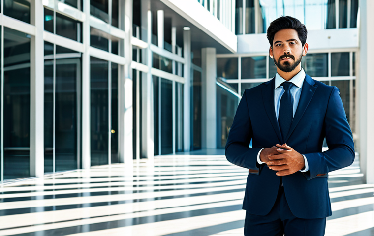 A professional individual, fully clothed in a modest business suit, stands confidently in a modern, sunlit collaborative workspace. Abstract light trails and interconnected digital lines emanate from them, extending towards various symbolic elements representing diverse fields like technology, finance, and cultural understanding, illustrating the 'T-shaped' expertise. The environment features contemporary Latin American architectural influences, bathed in natural light. The pose is natural and reflective, embodying strategic thought. perfect anatomy, correct proportions, natural pose, well-formed hands, proper finger count, natural body proportions, professional photography, high quality, safe for work, appropriate content, fully clothed, professional.