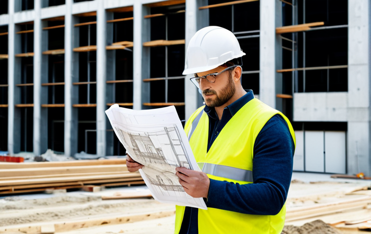 **
A professional architect in a hard hat, fully clothed in a modest construction site outfit, reviewing blueprints on a modern building construction site, appropriate attire, safe for work, perfect anatomy, correct proportions, professional photography, high quality, family-friendly.
**